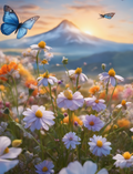 Blue Butterfly Over a Sunset Daisy Meadow - Air Freshener