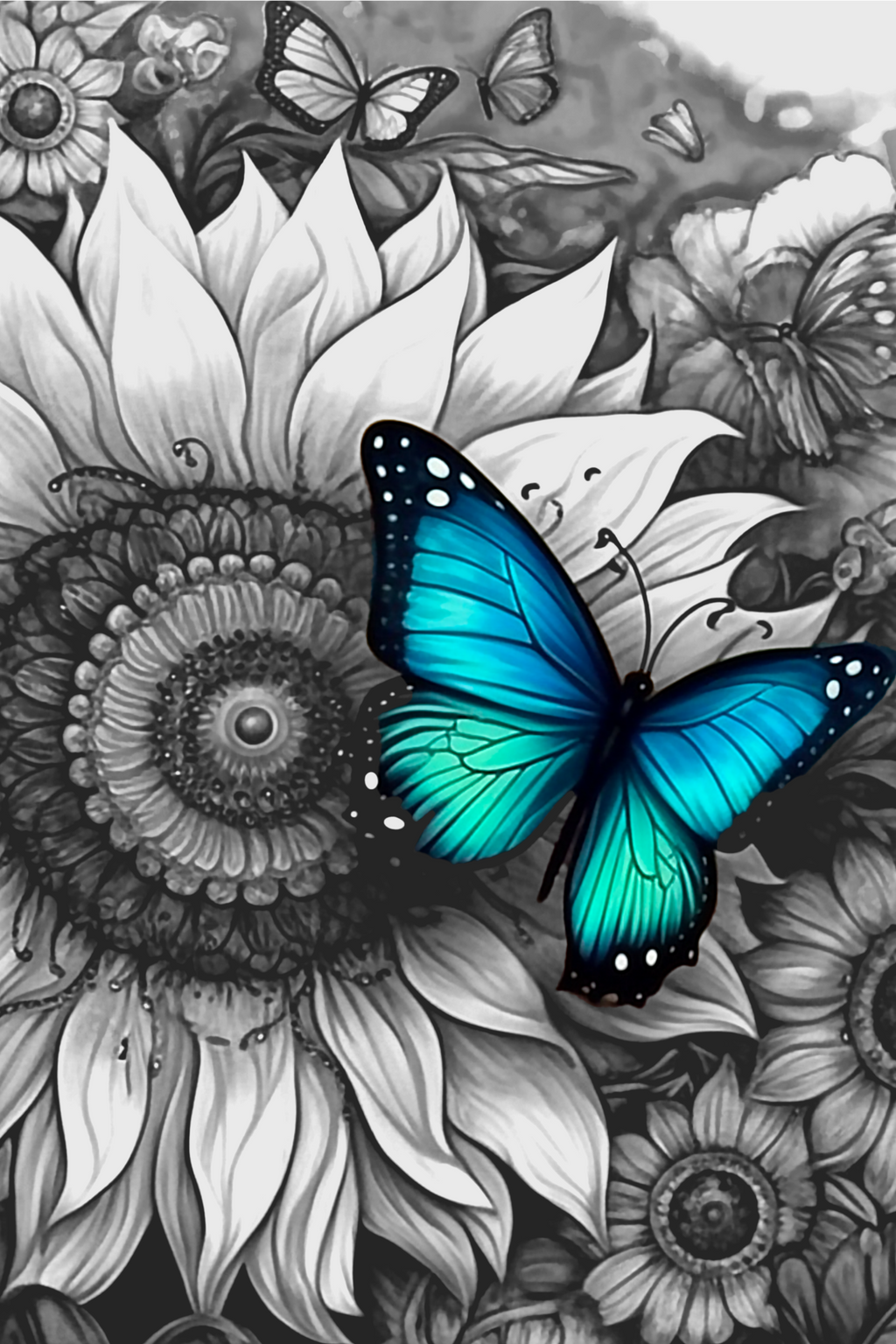 Turquoise Butterfly on Grayscale Sunflowers - Air Freshener