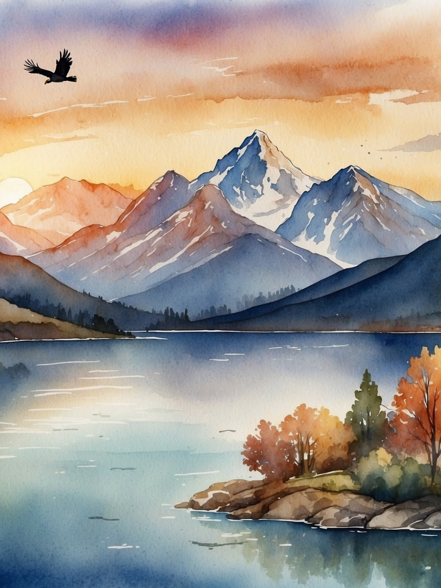 Watercolor Mountain Lake with a Bird at Sunset - Air Freshener