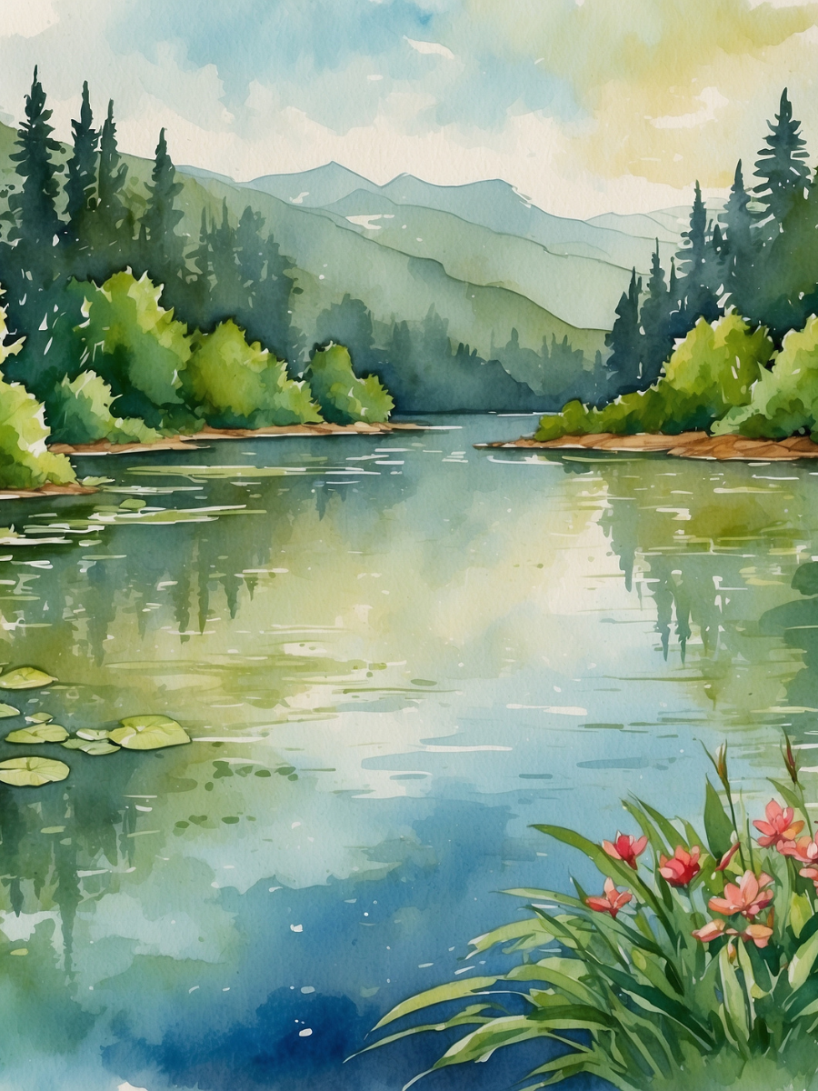 Watercolor Forest Lake with Pink Flowers - Air Freshener