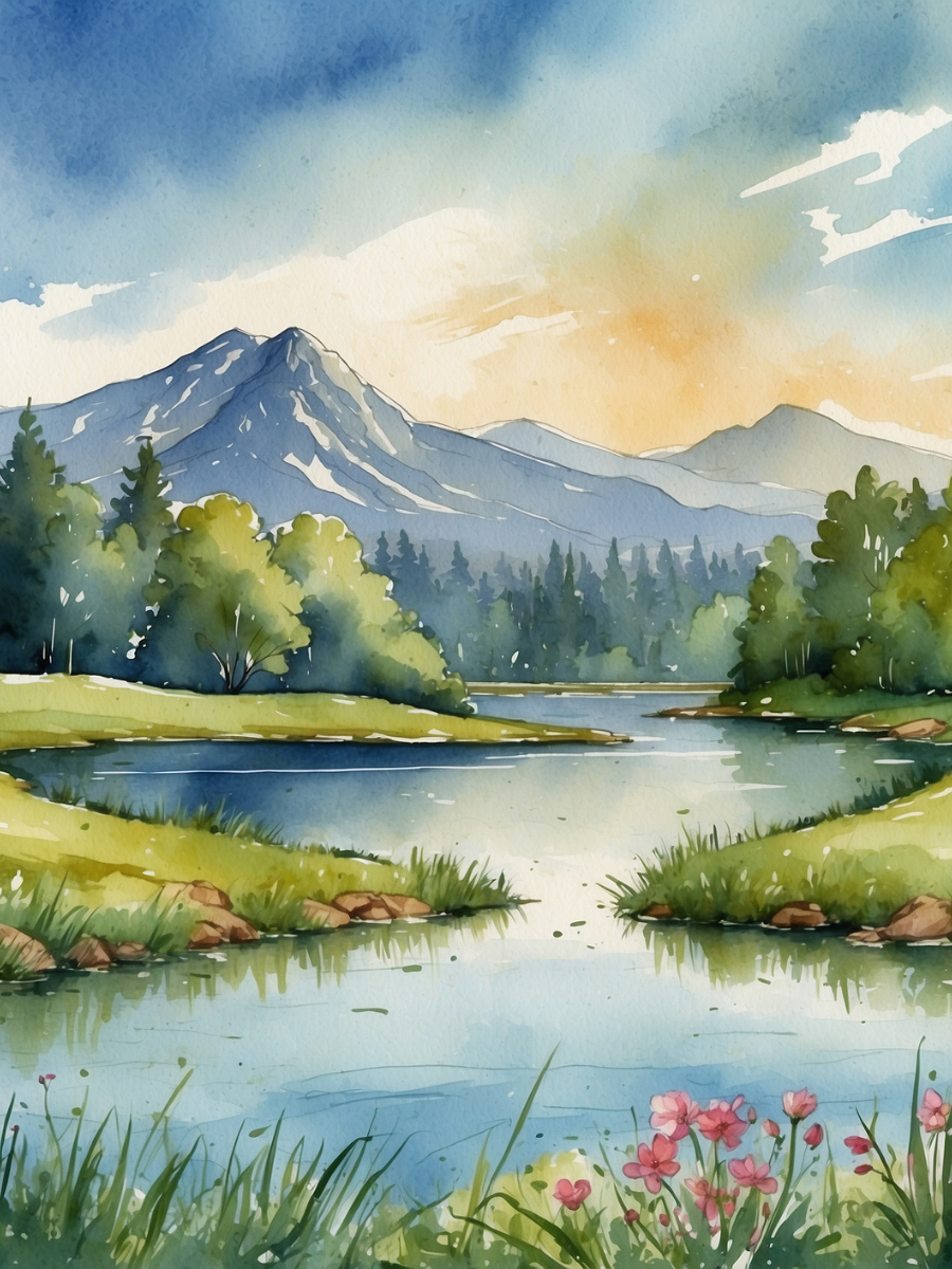Watercolor Mountain Lake and Grassy Islands - Air Freshener