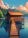 Illustrated Lake Cabin on Stilts with a Dock - Air Freshener