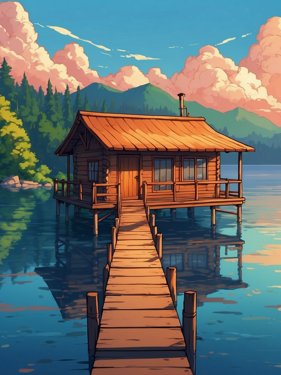 Illustrated Lake Cabin on Stilts with a Dock - Air Freshener