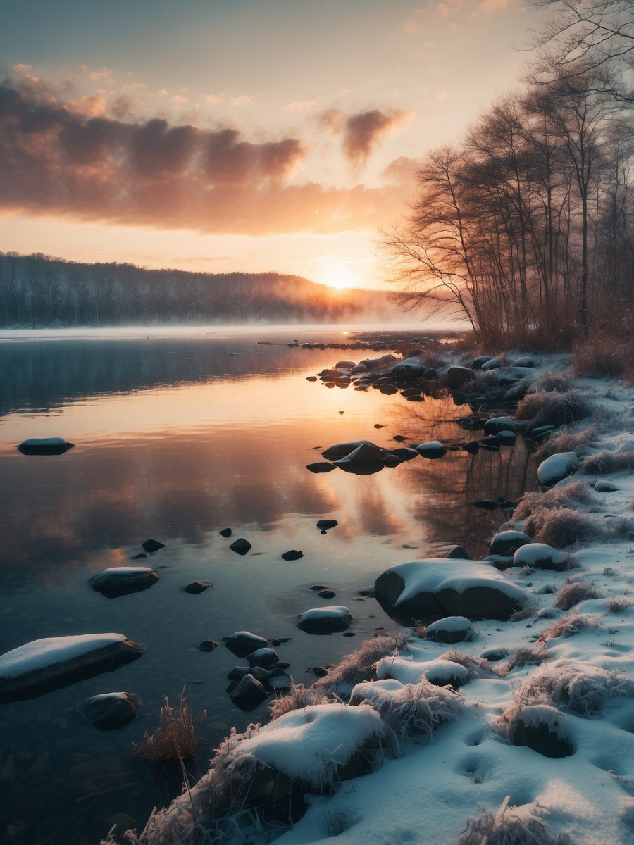 Golden Sunrise over a Snowy Rocky Lakeshore - Air Freshener