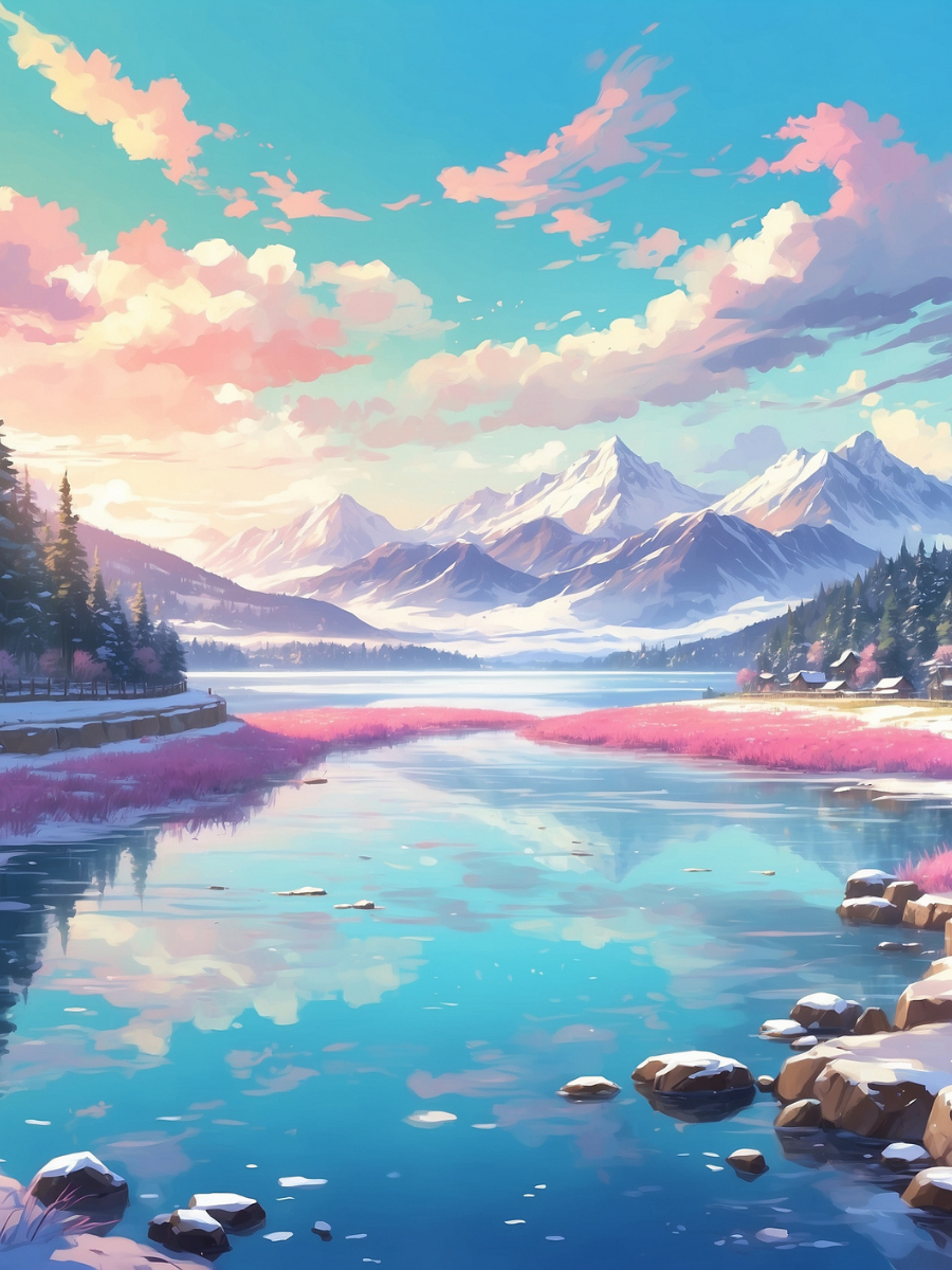 Illustrated Mountain Lake with Pink Cloud Reflections - Air Freshener