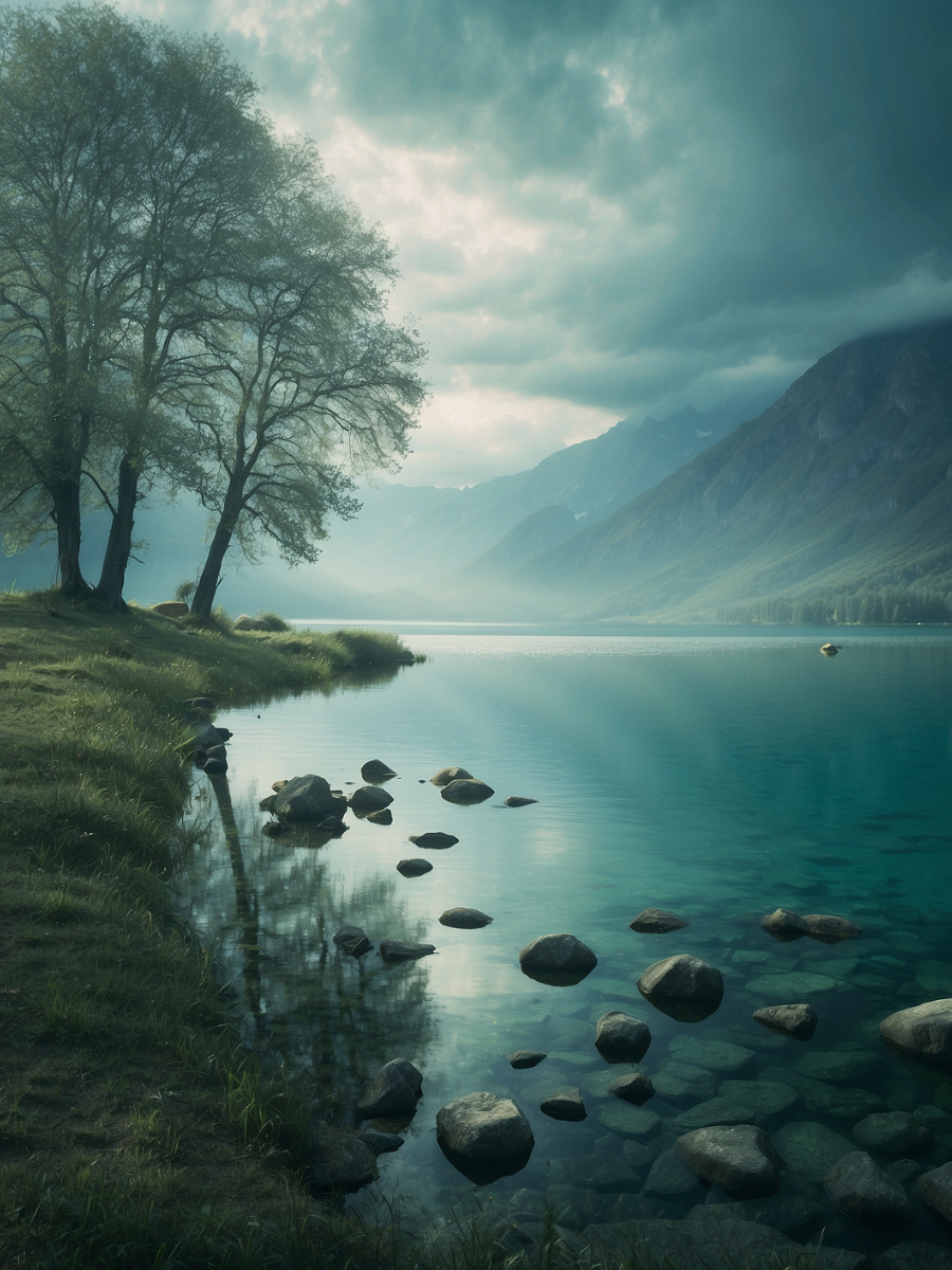 Misty Mountain Lake and Bare Shoreline Trees - Air Freshener
